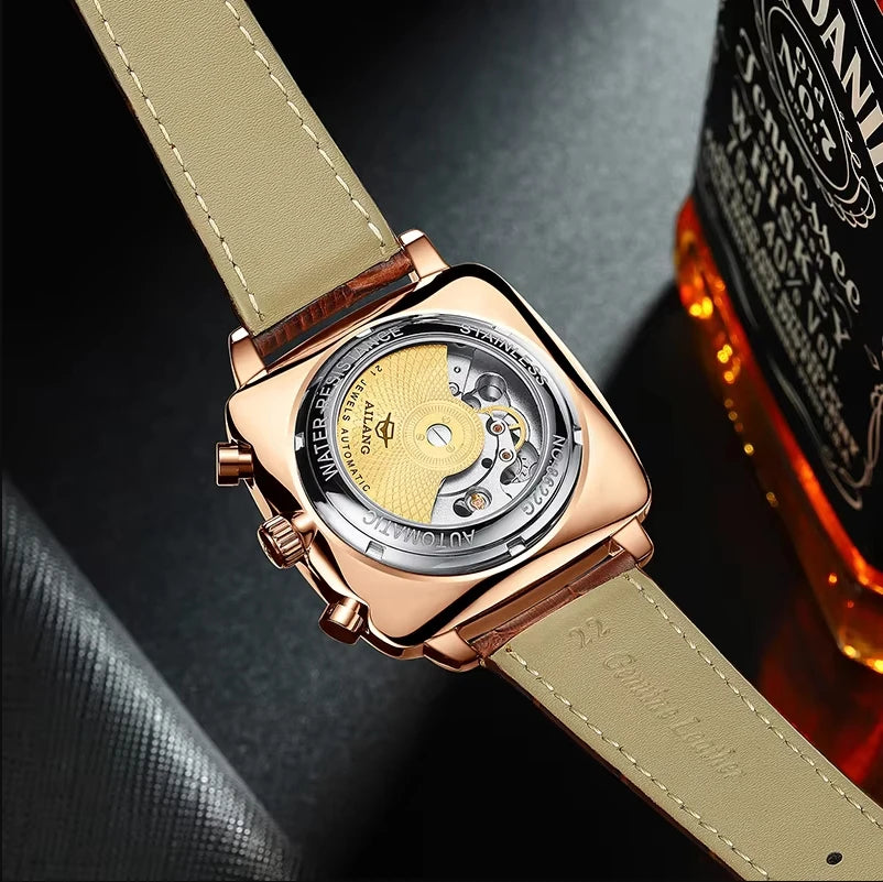 AILANG Men's Square Automatic Mechanical Watch – case back