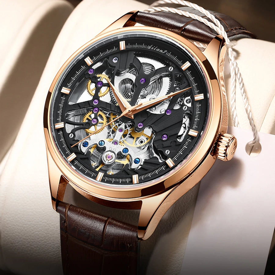 AILANG Men's Skeleton Automatic Mechanical Watch – front view