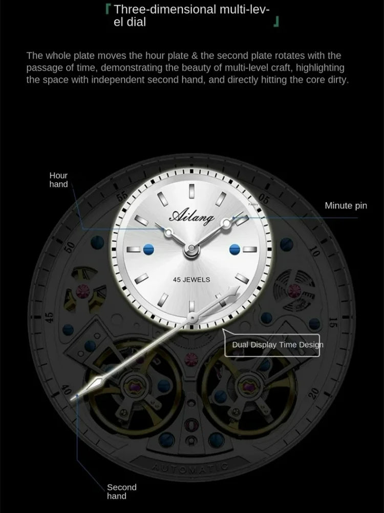 AILANG Men's Skeleton Automatic Mechanical Watch – case back